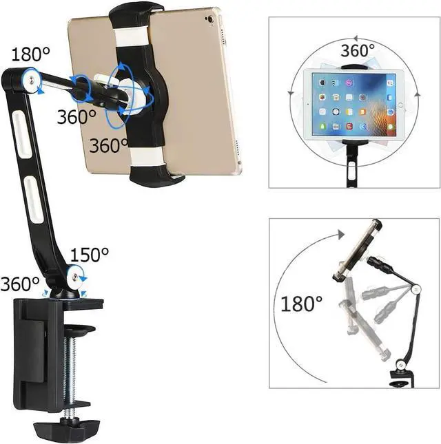 Alt view image 2 of 5 - Aluminum Alloy Cell Phone Desk Mount Stand 360° Tablet Stand and Holders Adjustable for iPad, iPhone, ,  and More 4.7-11 inch Devices, Good for Bed, Kitchen, Office (YF208B)