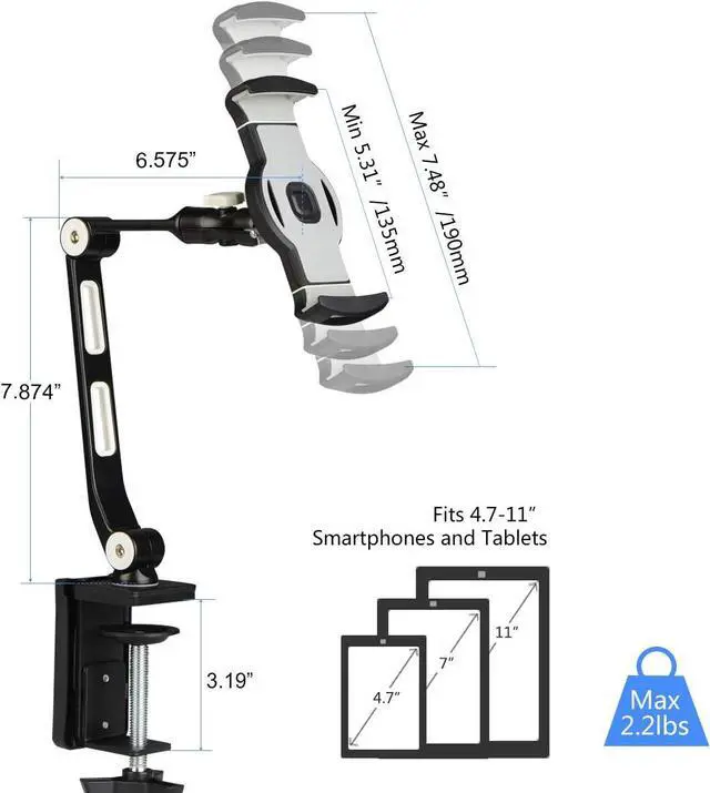 Alt view image 3 of 5 - Aluminum Alloy Cell Phone Desk Mount Stand 360° Tablet Stand and Holders Adjustable for iPad, iPhone, ,  and More 4.7-11 inch Devices, Good for Bed, Kitchen, Office (YF208B)