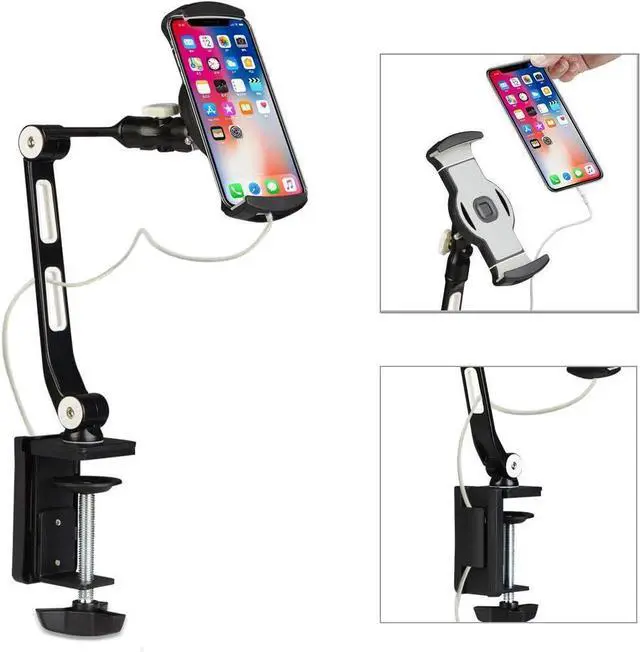 Alt view image 5 of 5 - Aluminum Alloy Cell Phone Desk Mount Stand 360° Tablet Stand and Holders Adjustable for iPad, iPhone, ,  and More 4.7-11 inch Devices, Good for Bed, Kitchen, Office (YF208B)