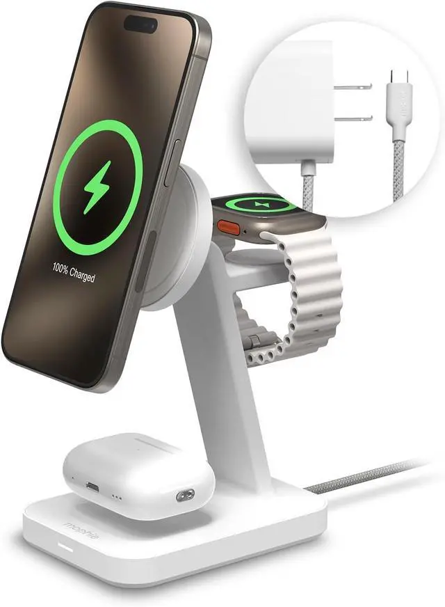 Main image of 3-in-1 Wireless Charging Stand - MagSafe & Qi2 Certified, Compatible with iPhone 16/15/14/13/12,  Watch, AirPods - Multi-Device Magnetic Charging Station, Eco-Friendly Design, White