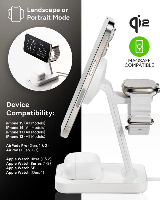 Alt view image 2 of 5 - 3-in-1 Wireless Charging Stand - MagSafe & Qi2 Certified, Compatible with iPhone 16/15/14/13/12,  Watch, AirPods - Multi-Device Magnetic Charging Station, Eco-Friendly Design, White