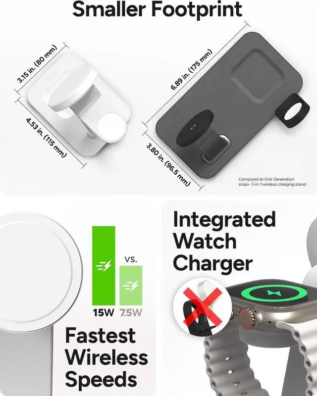 Alt view image 3 of 5 - 3-in-1 Wireless Charging Stand - MagSafe & Qi2 Certified, Compatible with iPhone 16/15/14/13/12,  Watch, AirPods - Multi-Device Magnetic Charging Station, Eco-Friendly Design, White