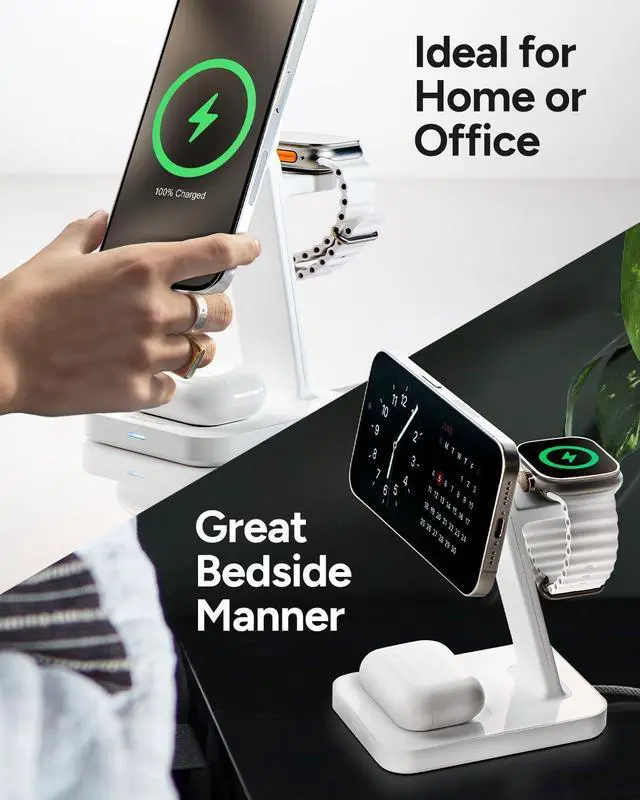 Alt view image 4 of 5 - 3-in-1 Wireless Charging Stand - MagSafe & Qi2 Certified, Compatible with iPhone 16/15/14/13/12,  Watch, AirPods - Multi-Device Magnetic Charging Station, Eco-Friendly Design, White
