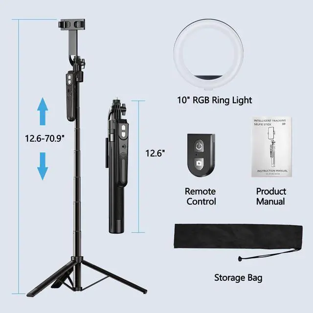Alt view image 7 of 7 - Tracking Tripod 360° Rotation with 10" RBG Ring Light, Phone Tripod & Selfie Stick with Remote for Cell Phone 4"-7", Motion Sensor Phone Tripod for Live Stream Vlog Video Recording