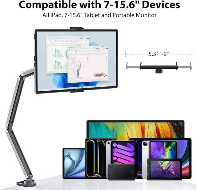 Alt view image 3 of 7 - Aluminum Alloy Tablet Stand for Desk, Adjustable Foldable Arm Holder Mount Compatible with iPad 10/9th, 13/12.9/11'' Pro Air Mini, Portable Monitor 7-15.6'', Samsung Galaxy Tab S9/FE/A9/S6 SpaceGray