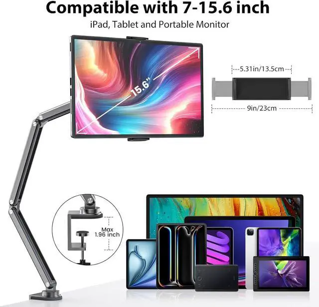 Alt view image 3 of 7 - Tablet Stand for Desk, Aluminum Alloy Foldable Arm Mount Holder Compatible with iPad 10/9th, Pro Air 13/11inch (2024), Mini, Samsung Galaxy Tab & More 7-15.6'' Portable Monitor Gray -