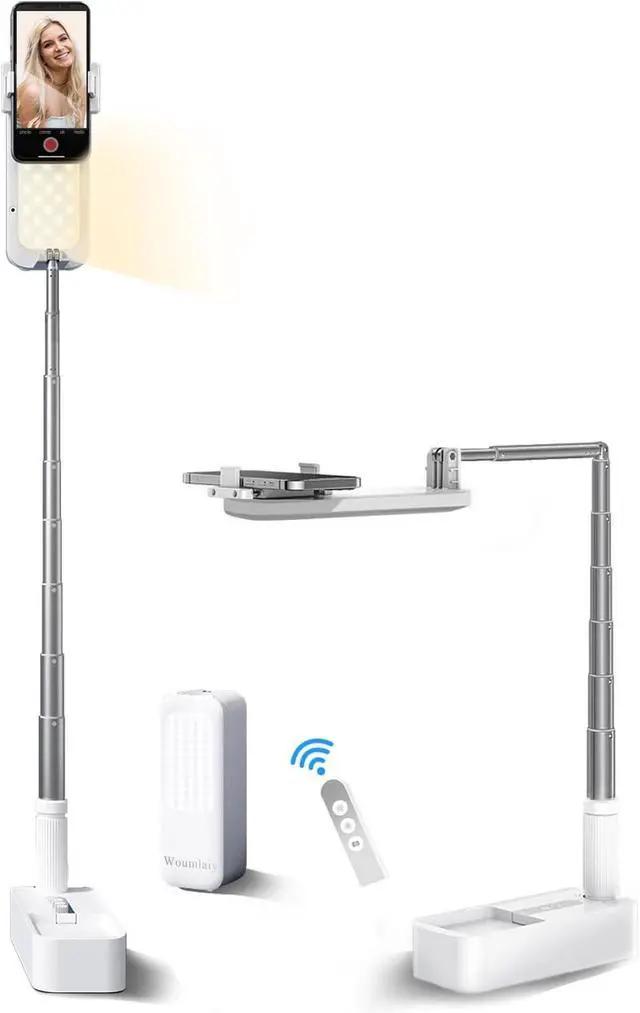 Main image of Selfie Stand with 360° Rotates Phone Holder, Foldable/Rechargeable/Wireless/Overhead Recording with 1000mah Battery for Live Stream/Make up/YouTube/Tiktok/Vlog, 7 Brightness LED Light(White)