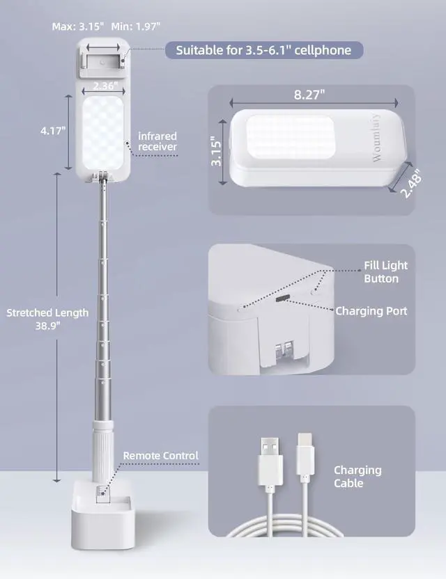 Alt view image 4 of 7 - Selfie Stand with 360° Rotates Phone Holder, Foldable/Rechargeable/Wireless/Overhead Recording with 1000mah Battery for Live Stream/Make up/YouTube/Tiktok/Vlog, 7 Brightness LED Light(White)
