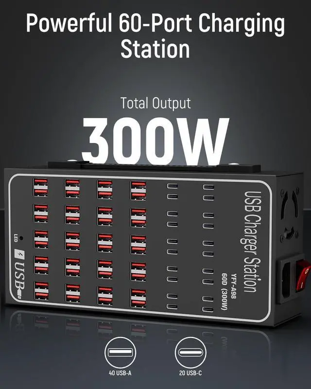 Alt view image 3 of 7 - 60 Port 300W(60A) USB Charging Station Multi USB C Charger Station Block with Intelligent Protection Desktop Charging Station for Multiple Devices Suitable for Schools Hotels Shops and Malls