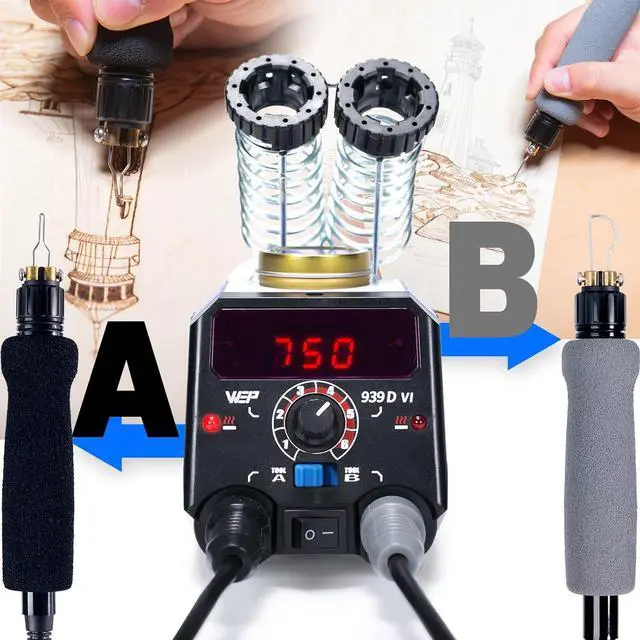 Alt view image 3 of 6 - 939D-VI Dual Pen Wood Burning Kit 250-750/482-1382 A/B Toggle Wood Burning Tool with 2 Detachable Pens, 20 Wood burner Tips, Dual-Barrel Holder. Suitable for Pyrography, Leather Burning Kit