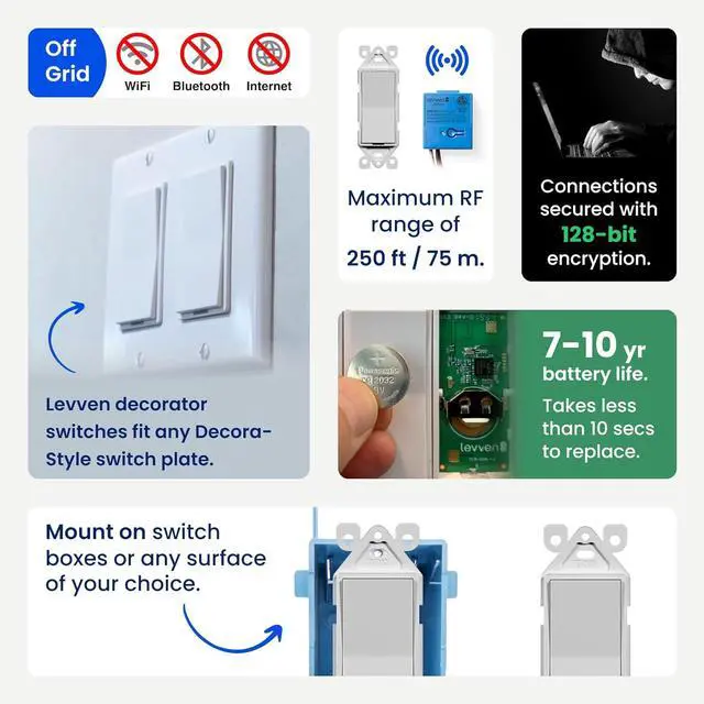 Alt view image 3 of 7 - Single-Pole On/Off Wireless Switch and Receiver Kit - Decorator-Style Switch, White