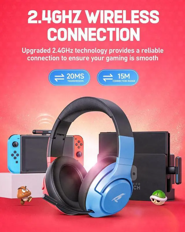 Alt view image 3 of 7 - CG-01 2.4Ghz Wireless Gaming Headset for Nintendo SwitchOLEDLite, Bluetooth 5.4 Gaming Headphones with Noise Cancelling Microphone,40Hr Battery, USB & Type-C Connector for PS5, PS4, PC, Laptop, Mac