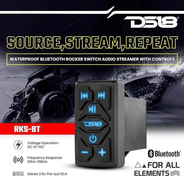 Alt view image 2 of 7 - DS18 RKS-BT Waterproof Bluetooth Marine Rocker Switch Audio Streamer with Controls - Built-in Wireless BT Audio Receiver - Stereo 2.5v Pre-Out RCA - Universal Rocker Switch Mount