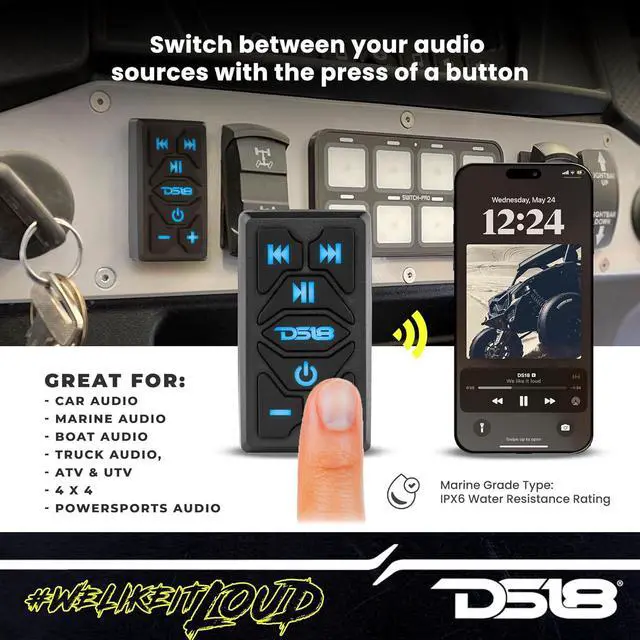 Alt view image 3 of 7 - DS18 RKS-BT Waterproof Bluetooth Marine Rocker Switch Audio Streamer with Controls - Built-in Wireless BT Audio Receiver - Stereo 2.5v Pre-Out RCA - Universal Rocker Switch Mount