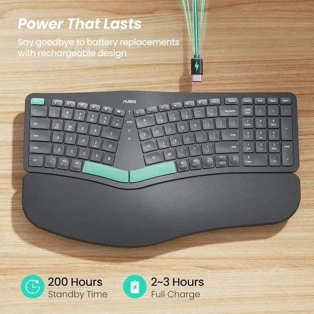 Alt view image 3 of 7 - Nulea RT05B Wireless Ergonomic Keyboard, Split Keyboard with Cushioned Wrist Rest, Bluetooth and USB Connectivity, USB-C Rechargeable, Compatible with Windows Mac