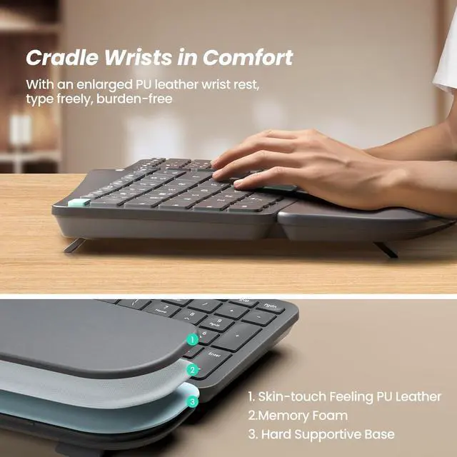 Alt view image 5 of 7 - Nulea RT05B Wireless Ergonomic Keyboard, Split Keyboard with Cushioned Wrist Rest, Bluetooth and USB Connectivity, USB-C Rechargeable, Compatible with Windows Mac