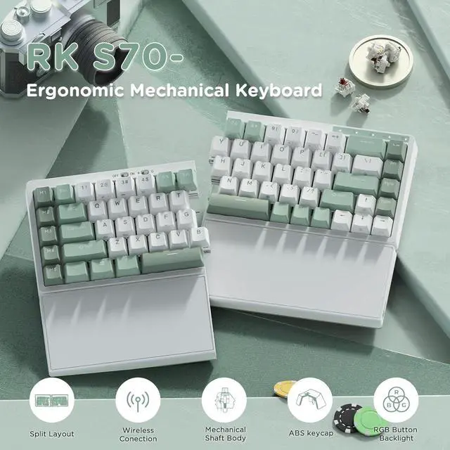 Alt view image 2 of 7 - RK ROYAL KLUDGE RKS70 Ergonomic Split Mechanical Keyboard, Wireless Bluetooth/2.4G/Wired Keyboard with Wrist Rest, 75% RGB PC Gaming Keyboards for Win/Mac, Hot Swappable Silver Grey Switches, White