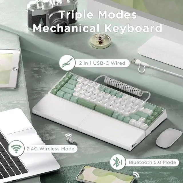 Alt view image 3 of 7 - RK ROYAL KLUDGE RKS70 Ergonomic Split Mechanical Keyboard, Wireless Bluetooth/2.4G/Wired Keyboard with Wrist Rest, 75% RGB PC Gaming Keyboards for Win/Mac, Hot Swappable Silver Grey Switches, White