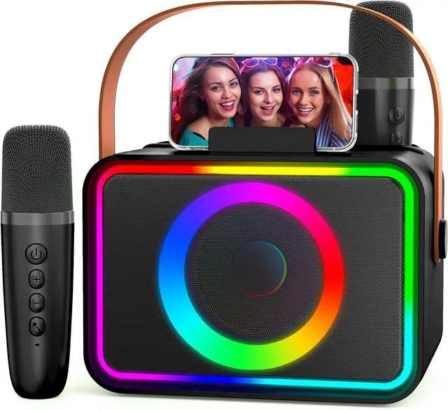 Main image of Machine,Portable Bluetooth Karaoke Speaker with 2 Wireless Microphones for Adults & Kids Toys with LED Lights, Karaoke Microphone with PA System Supports USB/TF/AUX,Gift for Party (Black)