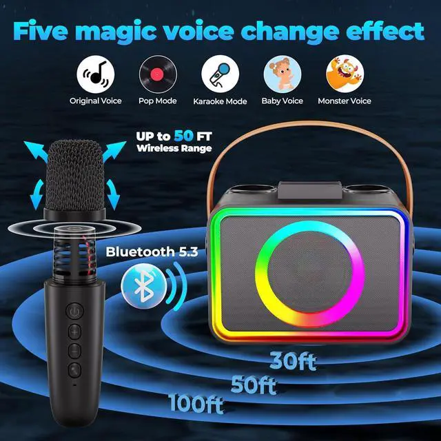Alt view image 3 of 7 - Machine,Portable Bluetooth Karaoke Speaker with 2 Wireless Microphones for Adults & Kids Toys with LED Lights, Karaoke Microphone with PA System Supports USB/TF/AUX,Gift for Party (Black)