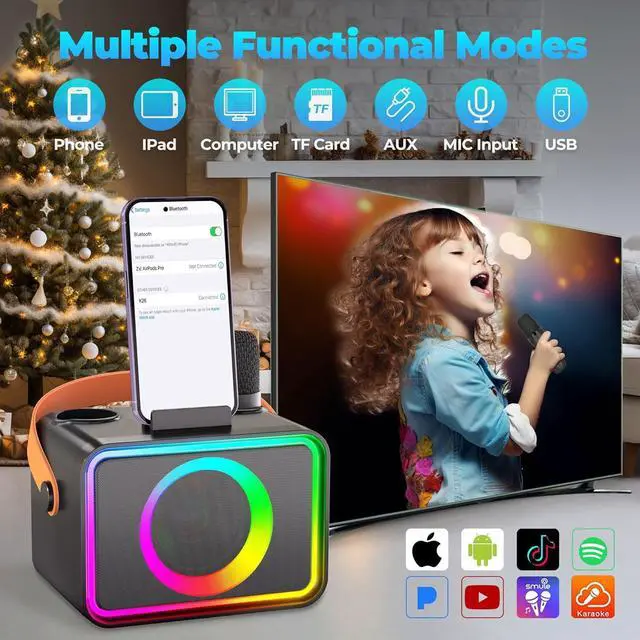 Alt view image 5 of 7 - Machine,Portable Bluetooth Karaoke Speaker with 2 Wireless Microphones for Adults & Kids Toys with LED Lights, Karaoke Microphone with PA System Supports USB/TF/AUX,Gift for Party (Black)