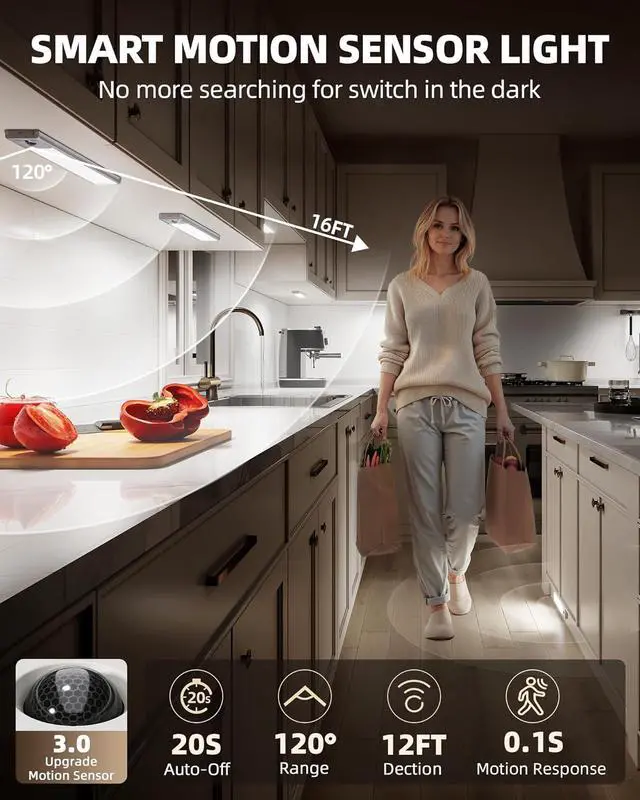 Alt view image 3 of 7 - 5 Pack Under Cabinet Lighting, 4000mAh Recharge Motion Sensor Light, 16.5inch Magnetic Closet Lights with Dimm & 3 Color Temps, Wireless Motion Activated Lights with Remote for Kitchen