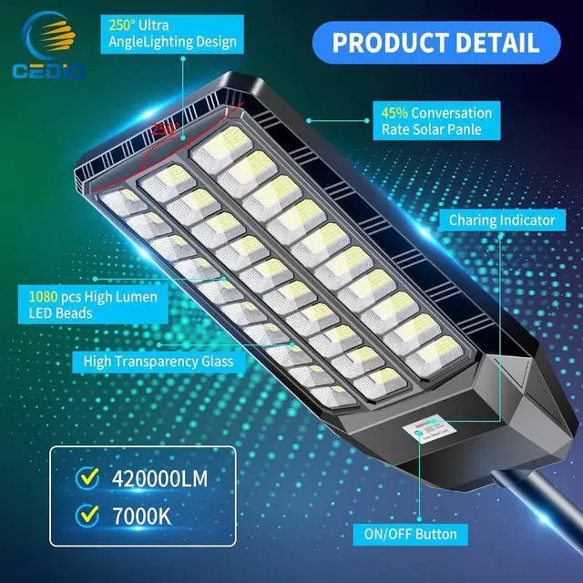 Alt view image 2 of 7 - Solar Street Lights Outdoor, 9800W Solar Lights Outdoor, 450000 Lumens LED Street Light Waterproof IP67 Dusk to Dawn,LED Flood Light with Motion Sensor (9800W-1PC)