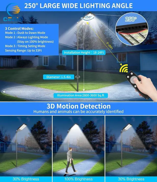 Alt view image 5 of 7 - Solar Street Lights Outdoor, 9800W Solar Lights Outdoor, 450000 Lumens LED Street Light Waterproof IP67 Dusk to Dawn,LED Flood Light with Motion Sensor (9800W-1PC)