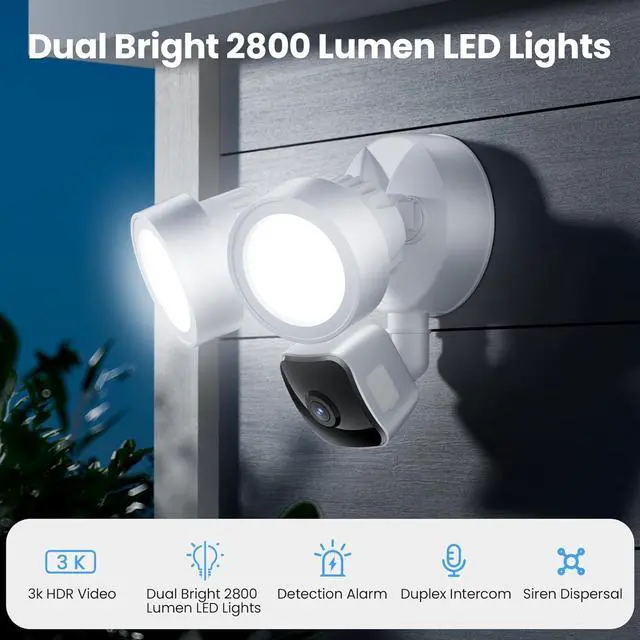 Alt view image 2 of 7 - Floodlight Camera Flood Lights Outdoor - Motion Sensor Outdoor Lights 3K UHD Security Camera, 5500K 2800-Lumen, 105dB Siren, Wired 24/7 Recording