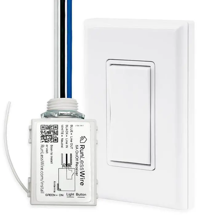 Main image of Wireless Light Switch & Relay Bundle Battery-Free with 150ft RF Range Remote Self-Powered by Kinetic Energy DIY Single Pole Kit: 1 5A On/Off Receiver, 1 Switch  White