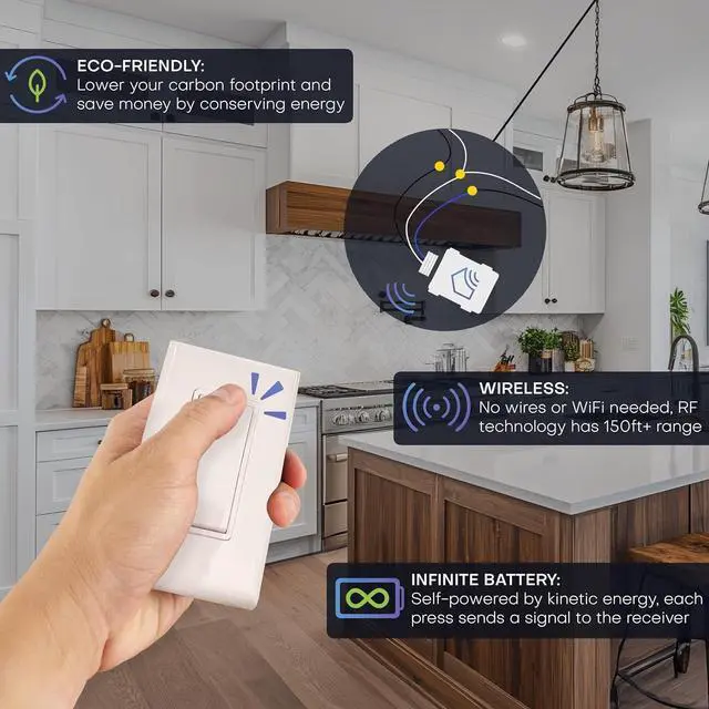 Alt view image 3 of 7 - Wireless Light Switch & Relay Bundle Battery-Free with 150ft RF Range Remote Self-Powered by Kinetic Energy DIY Single Pole Kit: 1 5A On/Off Receiver, 1 Switch  White