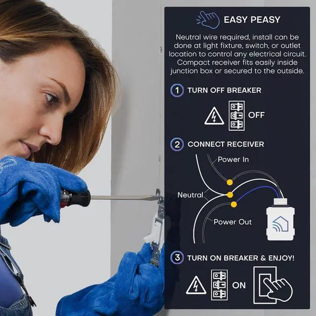 Alt view image 5 of 7 - Wireless Light Switch & Relay Bundle Battery-Free with 150ft RF Range Remote Self-Powered by Kinetic Energy DIY Single Pole Kit: 1 5A On/Off Receiver, 1 Switch  White