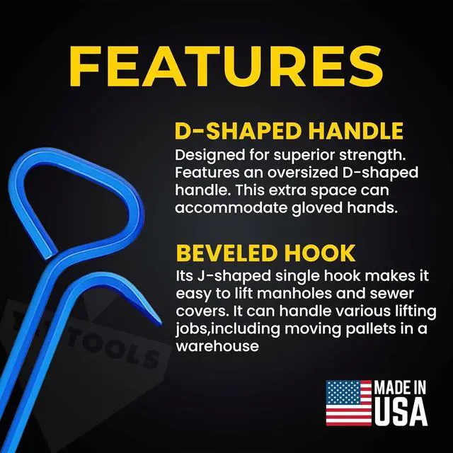 Alt view image 2 of 7 - T&T Tools 24-Inch Manhole Hook Tool, 2 Pack, 5/8" Hex Alloy Steel Single Hook for Heavy Duty Lifting Covers, Septic Tank Risers, Storm Drains, Pallet Pulling, Ergonomic Handle with Bright Blue Finish