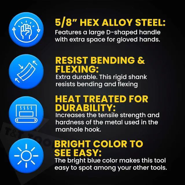 Alt view image 3 of 7 - T&T Tools 24-Inch Manhole Hook Tool, 2 Pack, 5/8" Hex Alloy Steel Single Hook for Heavy Duty Lifting Covers, Septic Tank Risers, Storm Drains, Pallet Pulling, Ergonomic Handle with Bright Blue Finish