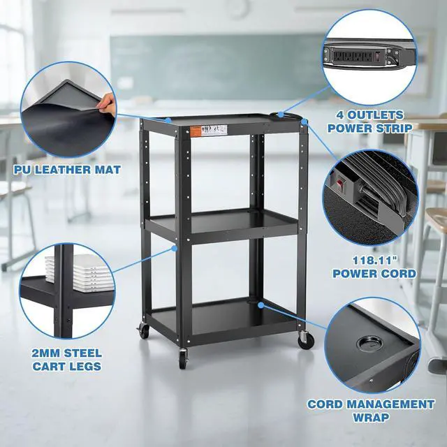 Alt view image 6 of 7 - 3 Shelf Metal Utility Cart with Wheels & Power Strip - Steel Mobile AV Cart for Video Projector, TV, Laptop, Computers, Printers - Height Adjustable Media Carts for Office Classroom Warehouse