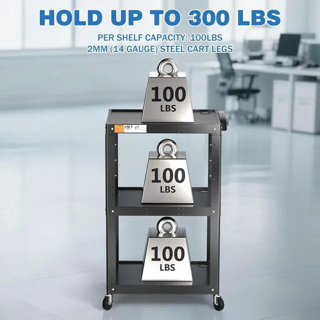 Alt view image 7 of 7 - 3 Shelf Metal Utility Cart with Wheels & Power Strip - Steel Mobile AV Cart for Video Projector, TV, Laptop, Computers, Printers - Height Adjustable Media Carts for Office Classroom Warehouse