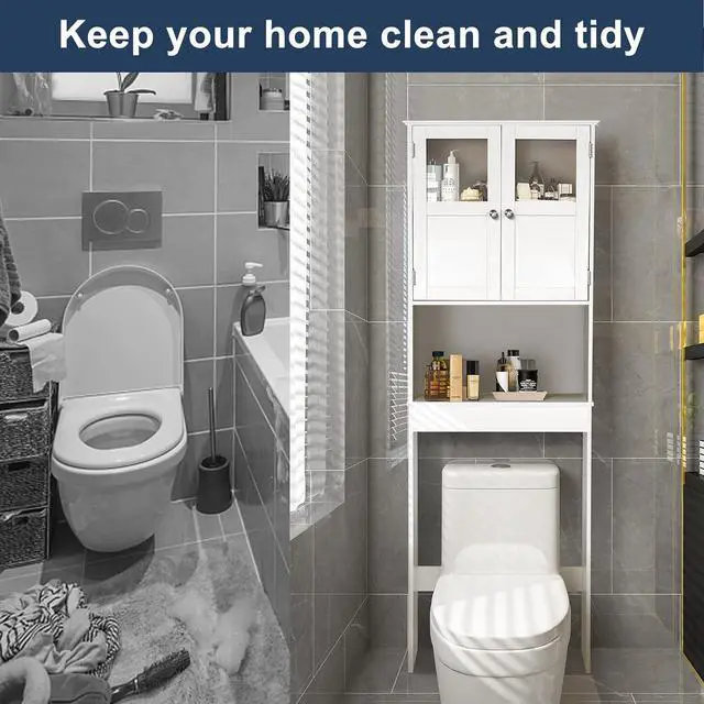 Alt view image 4 of 7 - Over The Toilet Storage Cabinet with Adjustable Shelf White Bathroom Floor Organizer Space Saver with Double Doors, 67" Height