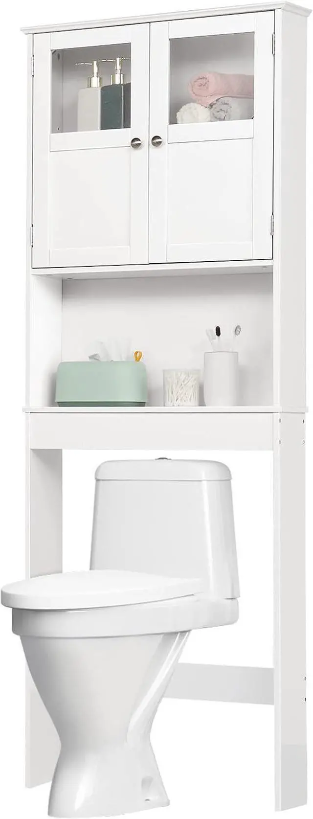 Alt view image 6 of 7 - Over The Toilet Storage Cabinet with Adjustable Shelf White Bathroom Floor Organizer Space Saver with Double Doors, 67" Height