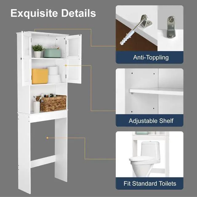 Alt view image 5 of 7 - Over The Toilet Storage Cabinet with Adjustable Shelf White Bathroom Floor Organizer Space Saver with Double Doors, 67" Height