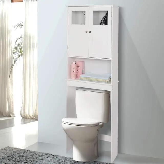 Alt view image 7 of 7 - Over The Toilet Storage Cabinet with Adjustable Shelf White Bathroom Floor Organizer Space Saver with Double Doors, 67" Height