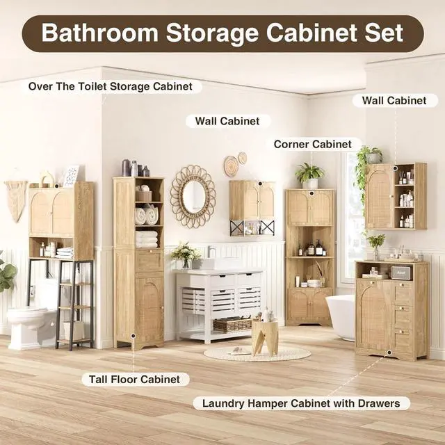 Alt view image 5 of 7 - Rattan Bathroom Wall Cabinet, Boho Medicine Wall Cabinet with Double Doors and Adjustable Shelves, Tall Kitchen Wall Mounted Storage Cabinet, Floating Space Saver Over Toilet, Natural