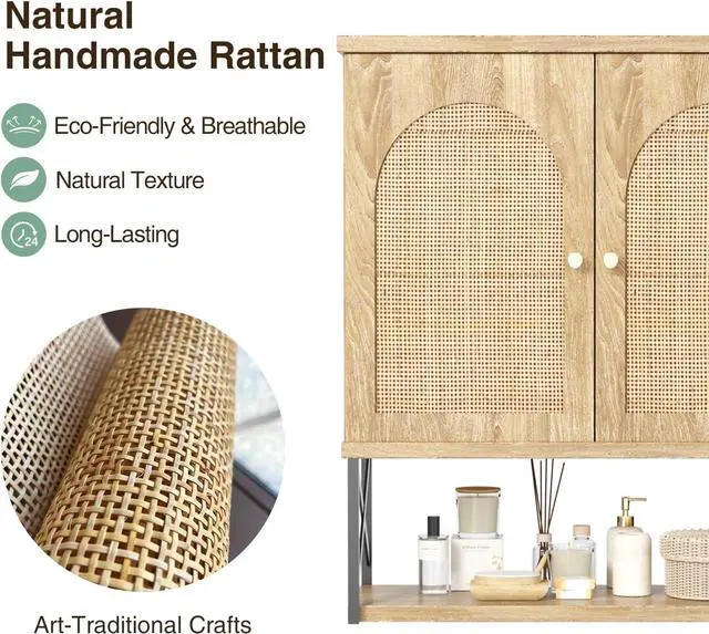 Alt view image 3 of 7 - Rattan Bathroom Wall Cabinet, Boho Medicine Wall Cabinet with Double Doors and Adjustable Shelves, Tall Kitchen Wall Mounted Storage Cabinet, Floating Space Saver Over Toilet, Natural