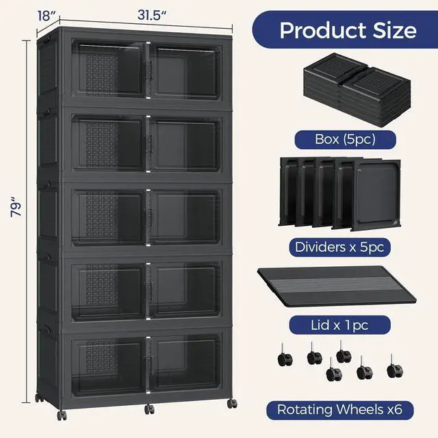 Alt view image 2 of 7 - 250GAL Extra Large Storage Bins with Lid, 1000Qt Stackable Closet Organizers and Drawers, Collapsible Storage Bins with Wheels, Folding Storages Cabinet for Home Bedroom Office, 5Pack Black