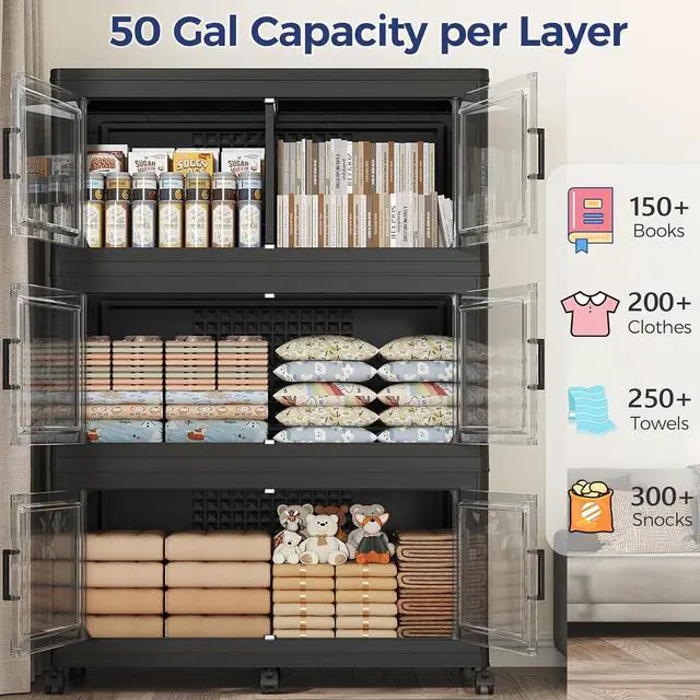 Alt view image 3 of 7 - 200GAL Extra Large Storage Bins with Lid, 800Qt Stackable Closet Organizers and Drawers, Collapsible Storage Bins with Wheels, Folding Storages Cabinet for Home Bedroom Office, 4Pack Black