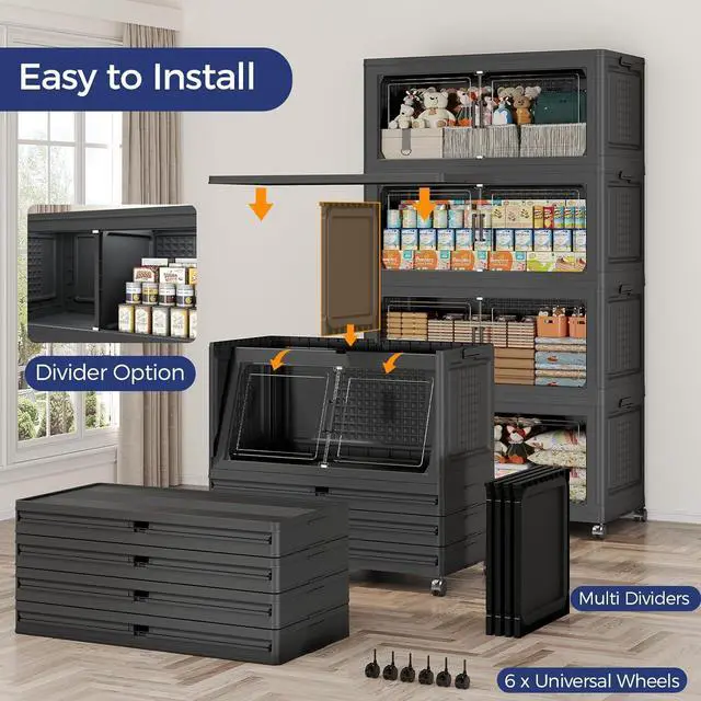 Alt view image 5 of 7 - 200GAL Extra Large Storage Bins with Lid, 800Qt Stackable Closet Organizers and Drawers, Collapsible Storage Bins with Wheels, Folding Storages Cabinet for Home Bedroom Office, 4Pack Black