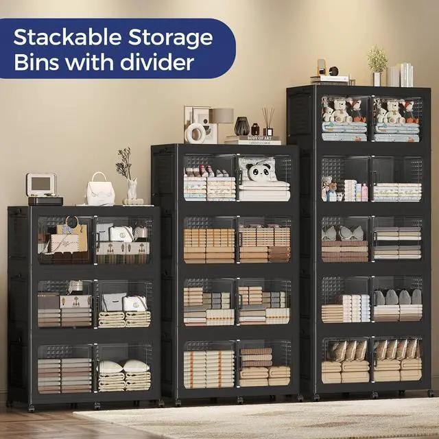 Alt view image 6 of 7 - 200GAL Extra Large Storage Bins with Lid, 800Qt Stackable Closet Organizers and Drawers, Collapsible Storage Bins with Wheels, Folding Storages Cabinet for Home Bedroom Office, 5Pack Black