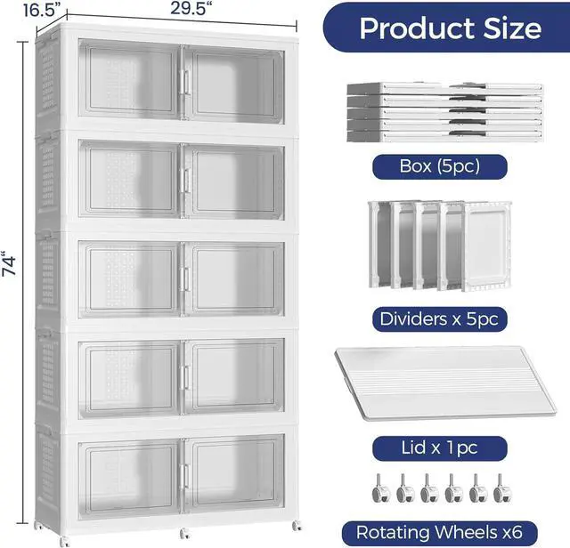 Alt view image 2 of 7 - 200GAL Extra Large Storage Bins with Lid, 800Qt Stackable Closet Organizers and Drawers, Collapsible Storage Bins with Wheels, Folding Storages Cabinet for Home Bedroom Office, 5Pack White