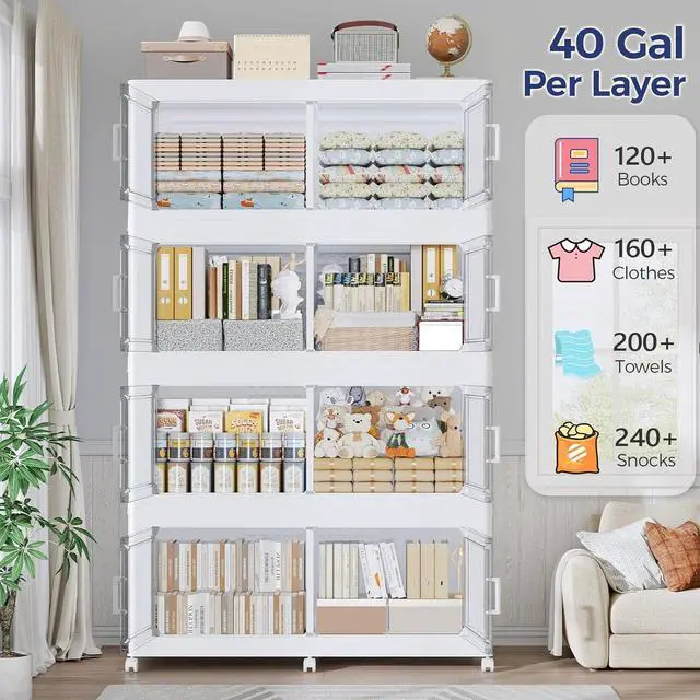 Alt view image 3 of 7 - 200GAL Extra Large Storage Bins with Lid, 800Qt Stackable Closet Organizers and Drawers, Collapsible Storage Bins with Wheels, Folding Storages Cabinet for Home Bedroom Office, 5Pack White