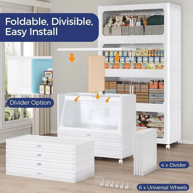 Alt view image 5 of 7 - 200GAL Extra Large Storage Bins with Lid, 800Qt Stackable Closet Organizers and Drawers, Collapsible Storage Bins with Wheels, Folding Storages Cabinet for Home Bedroom Office, 5Pack White