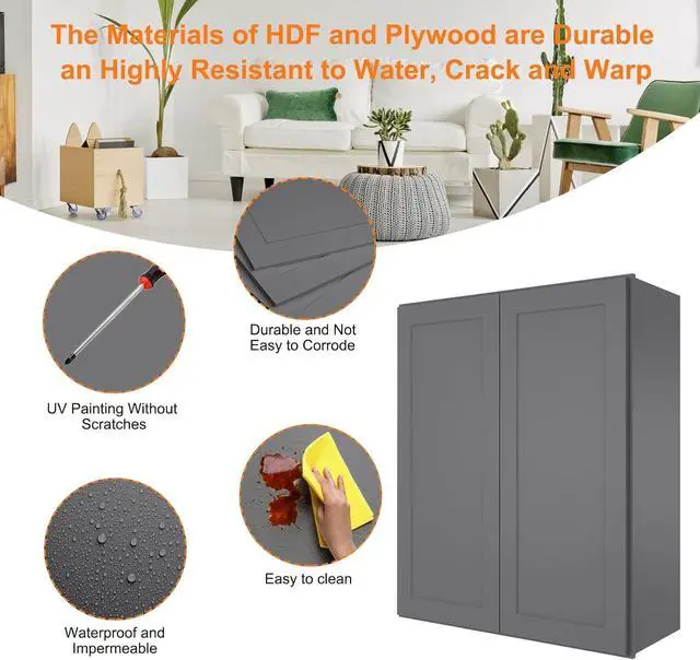 Alt view image 5 of 7 - Wood Wall-Mounted Cabinet,Bathroom Medicine Cabinet with Adjustable Shelves and 2 Soft-Close Doors,Laundry Storage Cabinet for Bathroom,Kitchen,Living Room 12" D*30" W*42" H,Shaker Grey